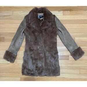 ONLY Genuine Rabbit Fur Coat Brown Suede Leather Women’s Long Jacket S